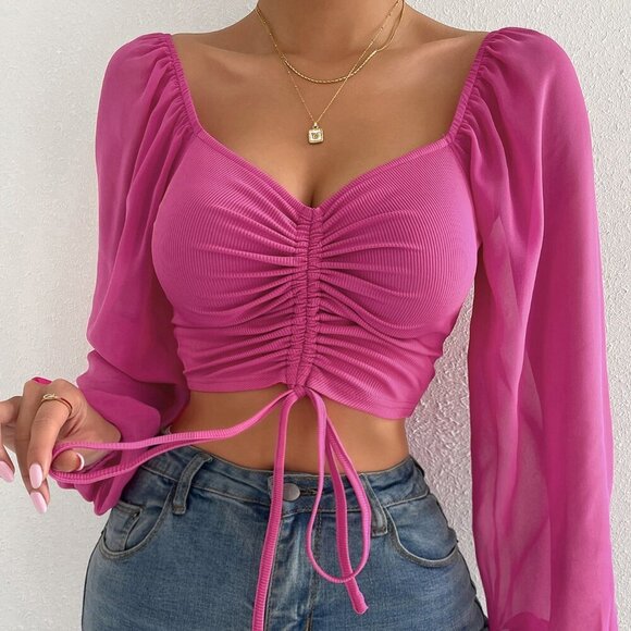 Tops - Hot Pink Casual Women's Heart Neck Drawstring Ruched Long Sleeve Top